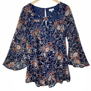 Umgee Boho Blue Bell Sleeve Floral Chiffon Dress